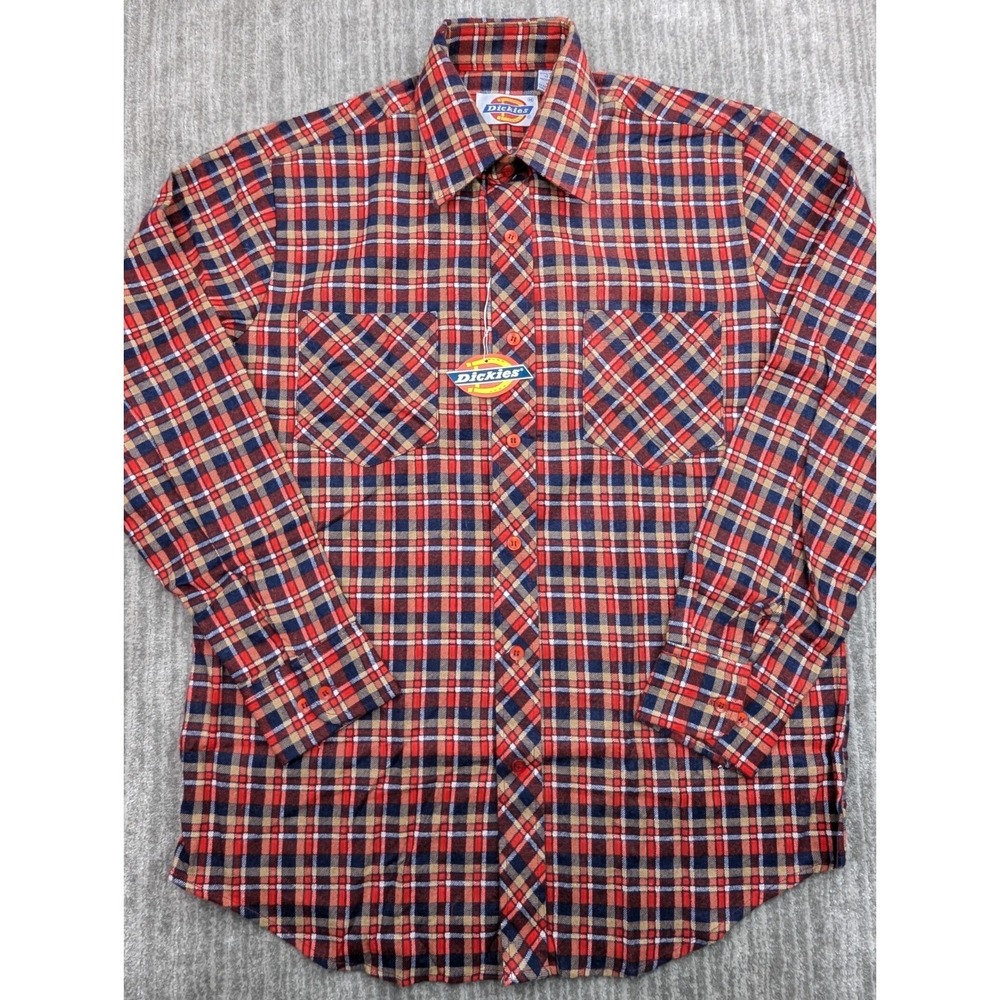 VTG 70s 80s DICKIES Mens Medium Flannel Plaid Shirt Lightweight Button Up NWT